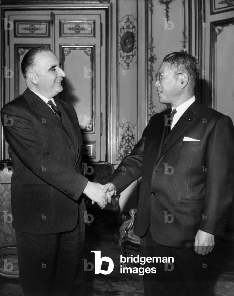 Georges Pompidou (L, French Prime Minister)Shaking Hands With Ayato Ikeda (Japanese Prime Minister) at The Offices of The French Prime Minister in Paris, November 8, 1962 (b/w photo)