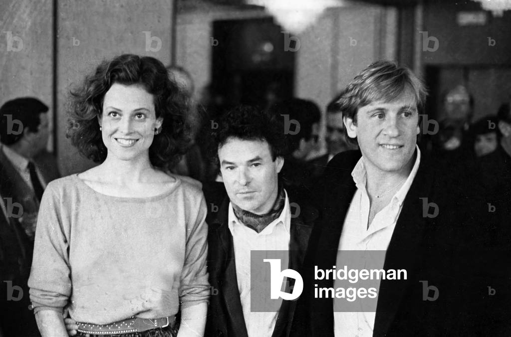 Sigourney Weaver, Daniel Vigne and Gerard Depardieu at Cannes Film Festival May 15, 1985 For Film One Woman Or Two Cinema (b/w photo)
