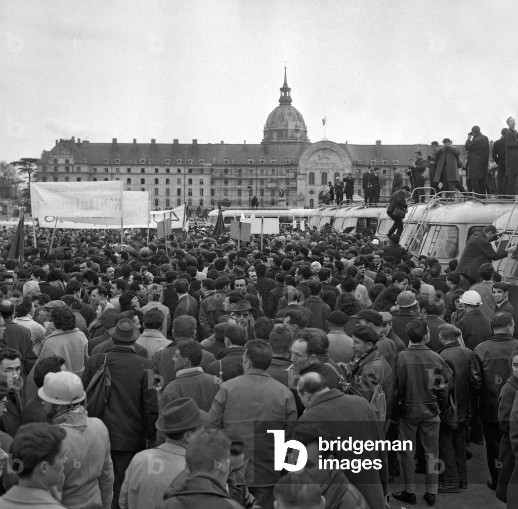 Demonstration of miners from Lorraine between Pantin and the Invalides in Paris for a 4th week of annual paid leave on March 13, 1963, France (b/w photo)