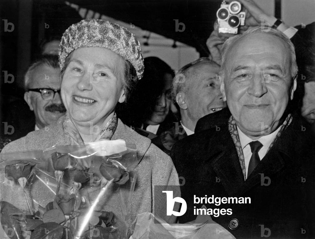 Valerian Zorinne And His Wife On The Quay Of The North Station After Their Arrival April 8, 1965 (b/w photo)