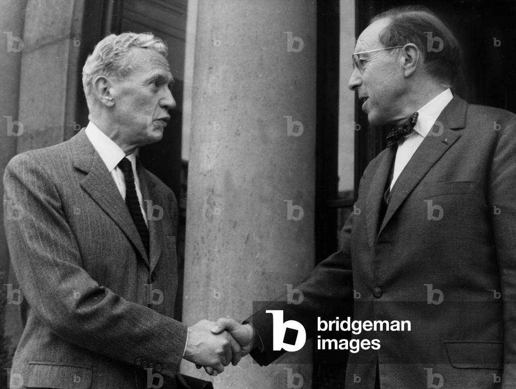 French Prime Minister Maurice Couve De Murville and Minister of State Jean Marcel Jeanneney Leaving Elysee Palace After Ministers Council August 13, 1968 (b/w photo)