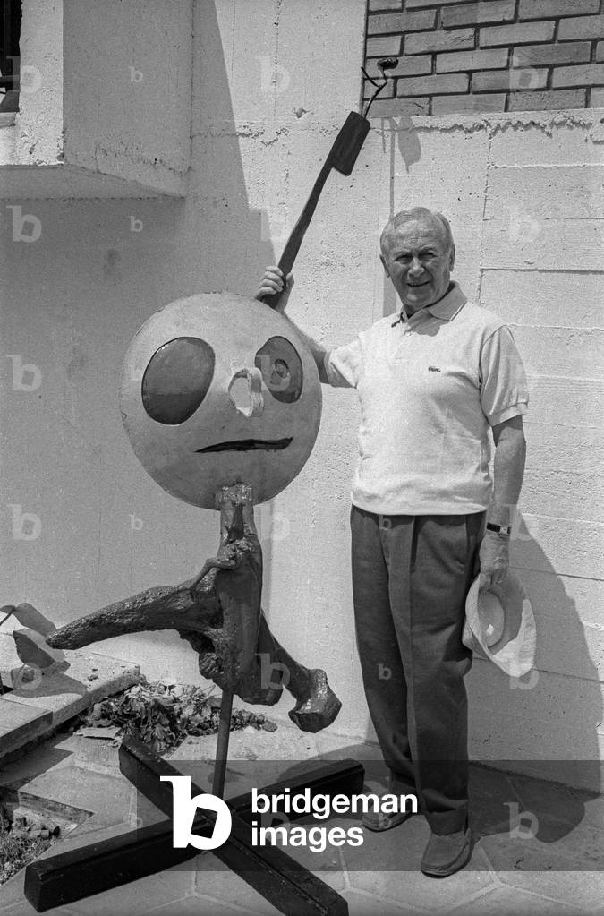 Joan Miro with one of his sculptures at the Maeght Foundation in Saint Paul de Vence where an exhibition of his work was organised for his 75th birthday, July 24, 1968