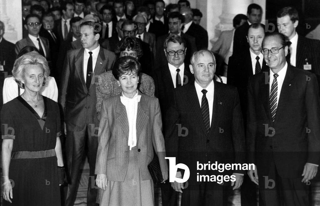 General Secretary of Soviet Communist Party Mikhail Gorbatchev With Wife Raissa during Official Visit in France here in Paris City Hall With Mayor Jacques Chirac (R) and his Wife Bernadette (L) October 3, 1985 (b/w photo)