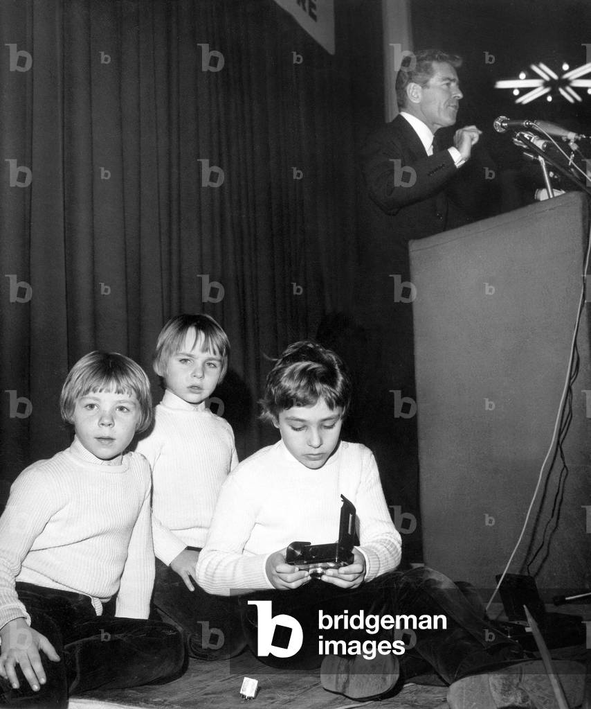 Speech of Jean-Jacques Servan-Schreiber during Radical Socialist Congress in Paris France December 5, 1970 his Children Emile Franklin and David Seated on The Stage (b/w photo)
