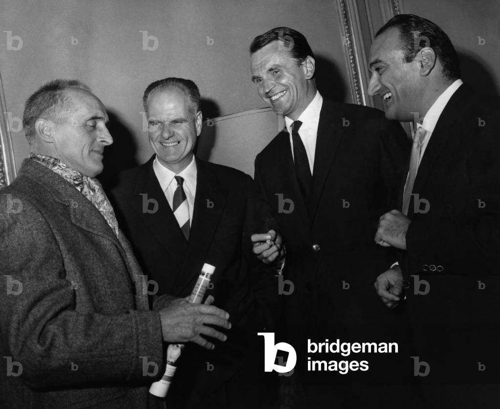 Four Directors In The Film La Francaise Et L'Amour, Divivise In Seven Sketches. Rene Clair (Sketch Du Mariage), Jean Delannoy (Sketch De L'Adolescence), Michel Boisrond (Sketch De La Virginite) and Henri Verneuil (Sketch De L'Adultere). September 16, 1960 In A Great Hall Of The Champs Elysees. (b/w photo)