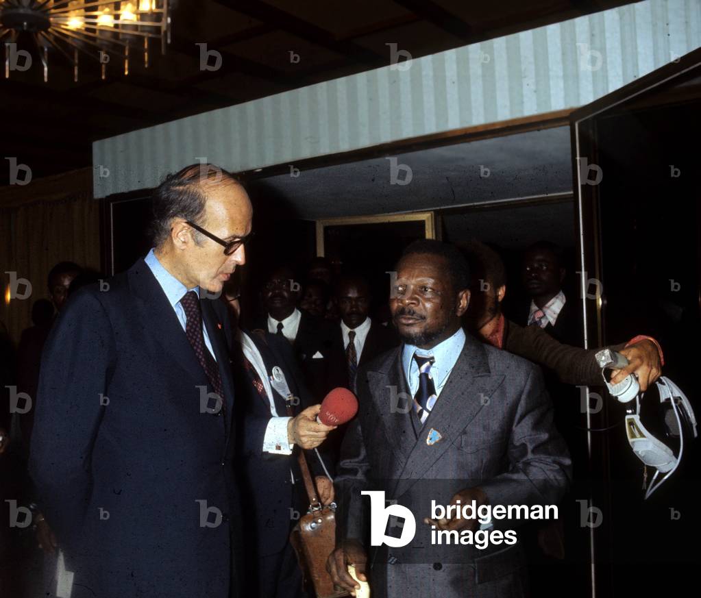 French President Valery Giscard D' Estaing during Visit in Central Africa Republic Greeted By President Bokassa March 10, 1975 (photo)