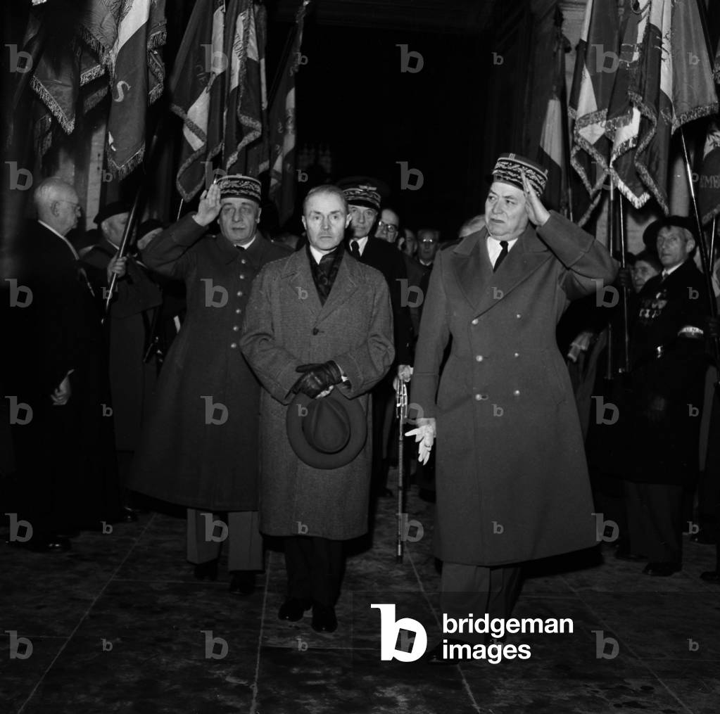 Mass Celebrated at The Invalides Church in Paris on February 23, 1958 For 42Nd Anniversary of The Battle of Verdun : French Veteran and Writer Maurice Genevoix and French Marshal Alphonse Juin (b/w photo)
