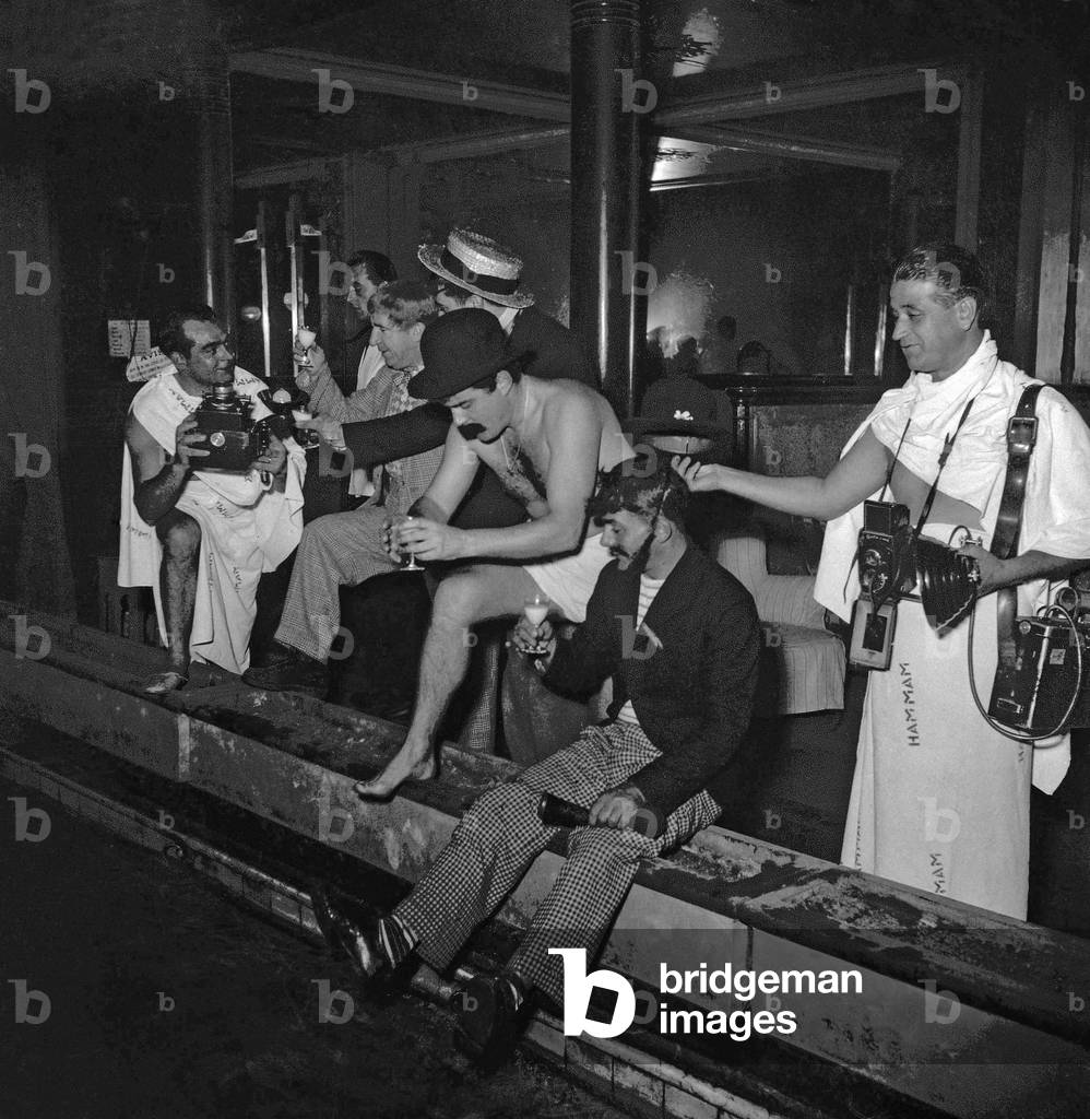 The Pieds Nickeles (Ribouldingue/Maurice Baquet, Filochard/Jean Paredes et Croquignol/Rellys) at the hammam in Paris on October 25, 1949 on set of film 