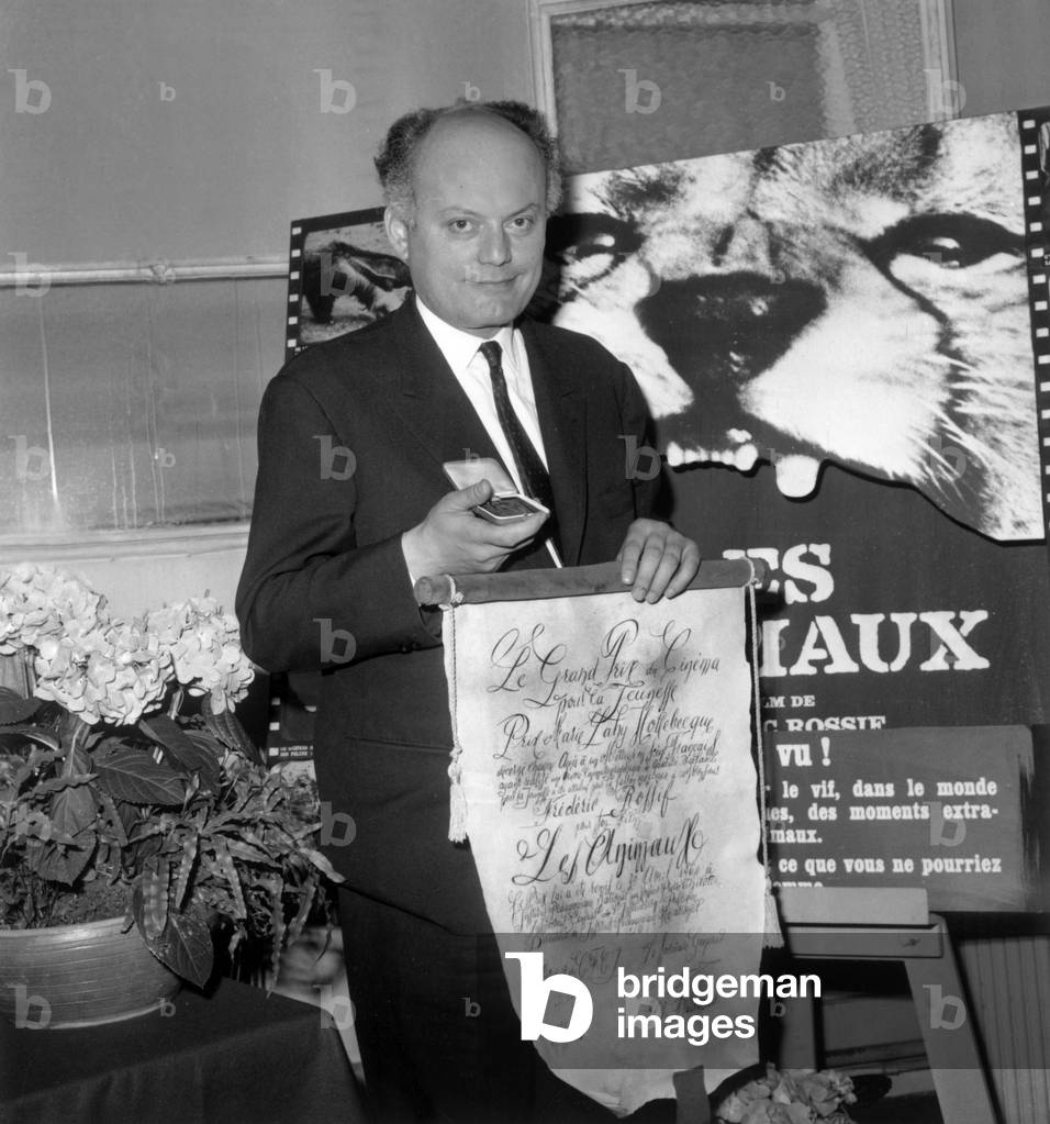 Frederic Rossif Presented His Award “Grand Prix Du Cinema For Youth 1964” A Medal And A Great Parchment at the National Pedagogic Institute Rue D'Ulm For His Film “Les Animaux” April 30, 1964 (b/w photo)