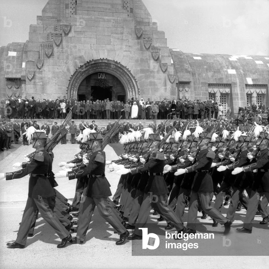 On May 29, 1966, Commemoration For 50Th Anniversary of Battle of Verdun : French President Charles De Gaulle in Douaumont (At Ossuary) Attending Military Parade (b/w photo)