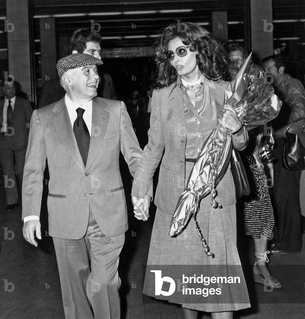 Sophia Loren and Husband Carlo Ponti Arriving at Nice Cote D'Azur Airport To Present Film Special Day at Cannes Film Festival May 23, 1977 (b/w photo)