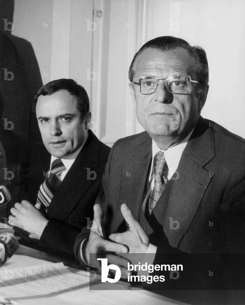 Jacques Barrot and Jean Lecanuet (R) during Press Conference on April 13, 1976 (b/w photo)