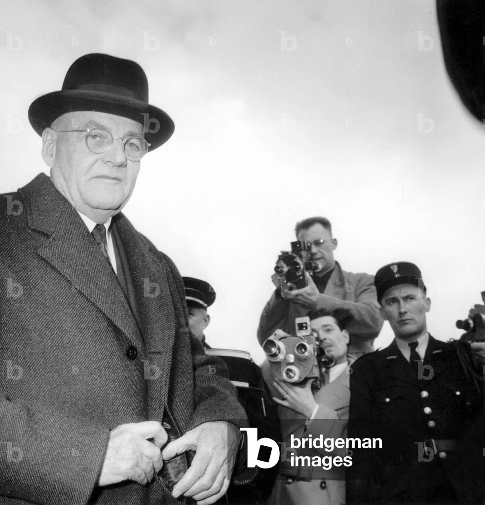 State Secretary of American Government here With Harold Stassen Director of The Mutual Security Agency and the Foreign Operations Administration , Arriving in Paris Airport Back From Rome February 1, 1953 (b/w photo)