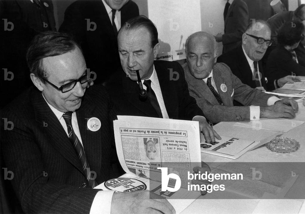 Michel Debre, French Defence Minister, Raymond Marcellin, French Interior Minister, Achille Peretti, President of The French National Assembly, and Maurice Schumann, French Minister of Foreign Affairs, during The National Day of The Udr (Republican Right Union) in Provins on January 8, 1973 (b/w photo)