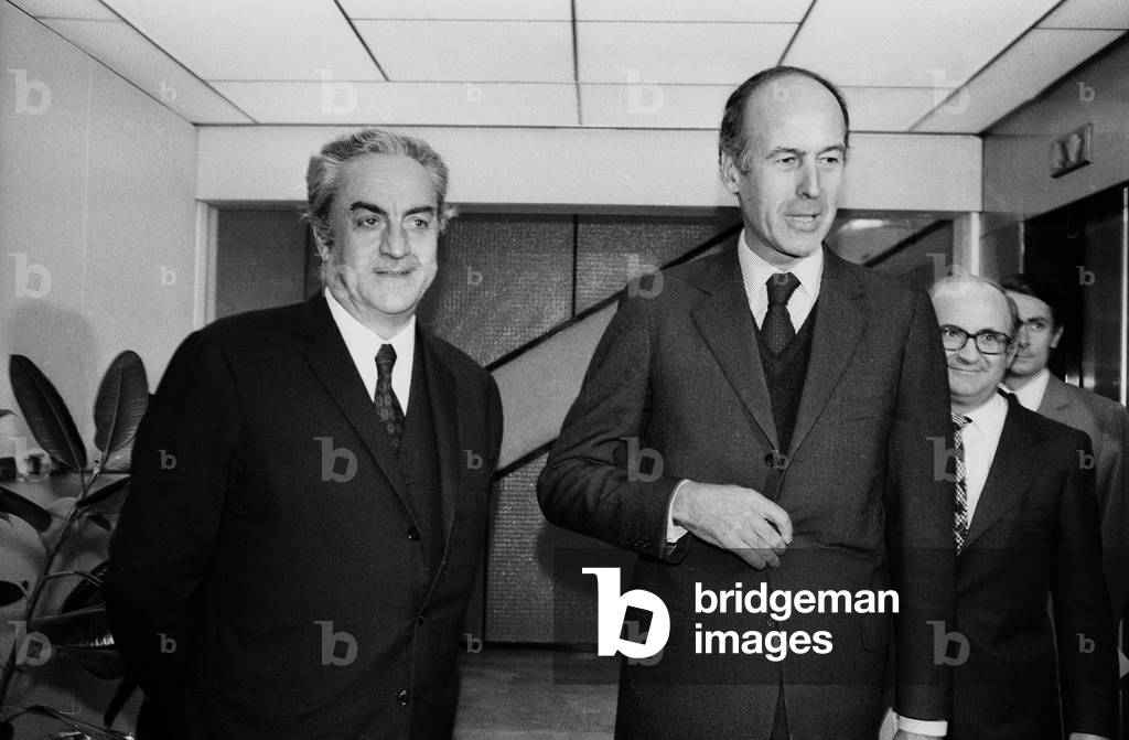 Arthur Conte (President of The Ortf, Office De Radiodiffusion-Television Francaise) and French Minister of Economy Valery Giscard D'Estaing, during A Meeting at Ortf, Paris, September 14, 1972 (b/w photo)