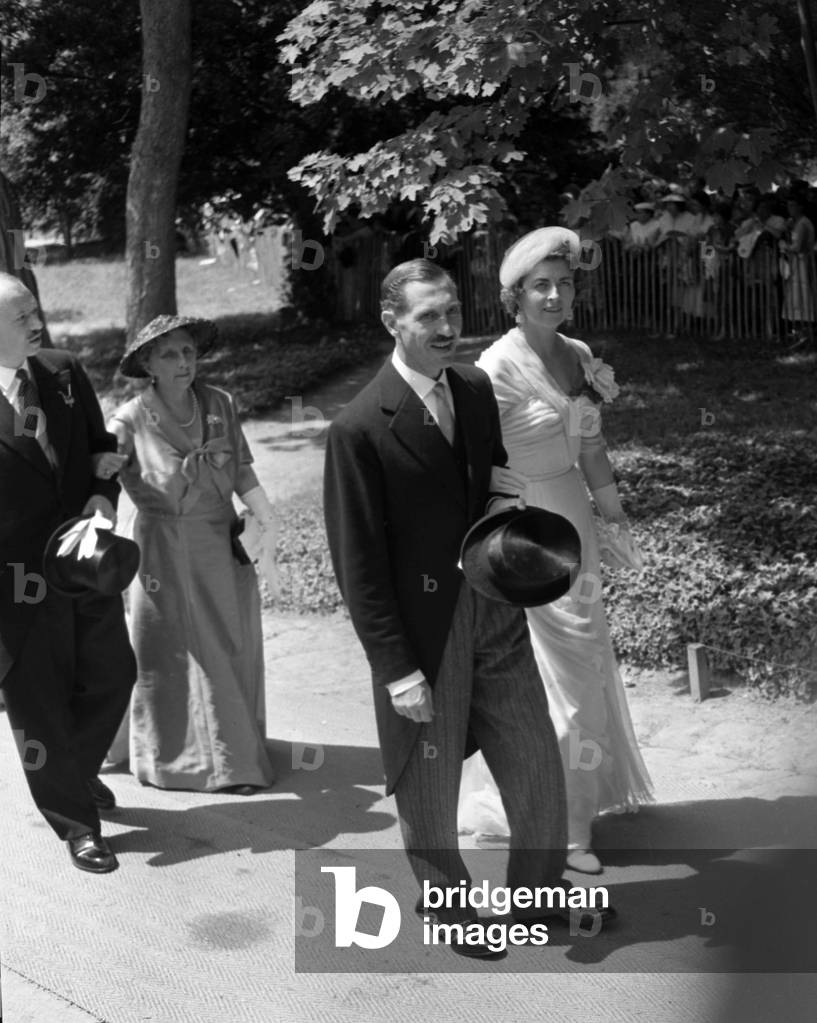 Prince Pierre (Pedro) Gaston D'Orleans Et De Bragance and Princess of Liechtenstein at Wedding of Henri D'Orleans and Marie-Therese De Wurtemberg, on July 5, 1957 in Dreux, France (b/w photo)
