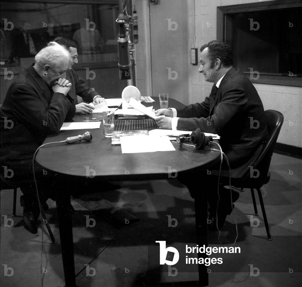 Francois Marty, Archbishop of Paris, With Journalists at Rtl Radio October 19, 1968 (b/w photo)