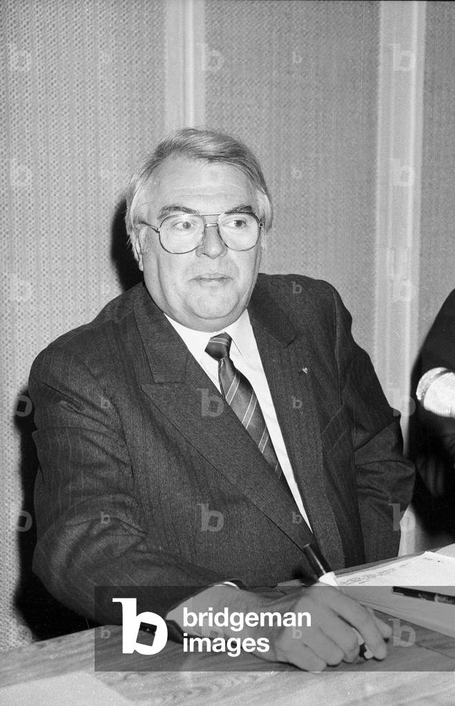 Pierre Mauroy, 1St Secretary of French Socialist Party, during A Meeting Aftert 1St Ballot of Legislative Elections, Paris, June 6, 1988 (b/w photo)
