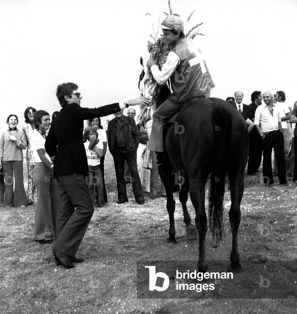 Mathias Gabin (The Son of Jeangabin) Handing Trophy To Pierrot Costes, Winner of Horse Race in Deauville August 1973 (b/w photo)