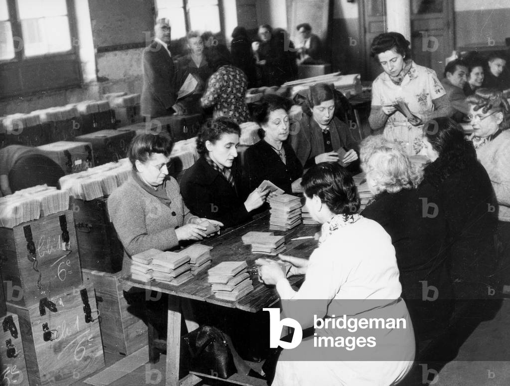 Preparations For Local Elections in April 1945, France : Women Preparing Envelopes. It'S 1St Time in France That Women Can Vote (b/w photo)