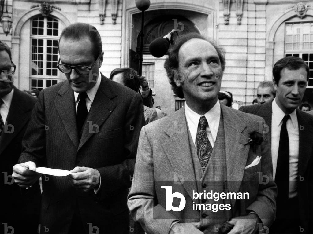 French Prime Minister Jacques Chirac and Canadian Prime Minister Pierre Elliot Trudeau Arriving at Matignon Hotel After Lunching at Quai D'Orsay, Paris, October 21, 1974 (b/w photo)