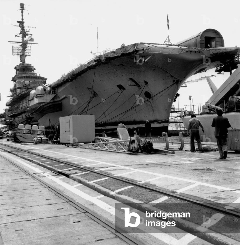 The Clemenceau, First Aircraft Carrier Built in France, here during Renovations in Toulon Harbour July 17, 1978 (b/w photo)