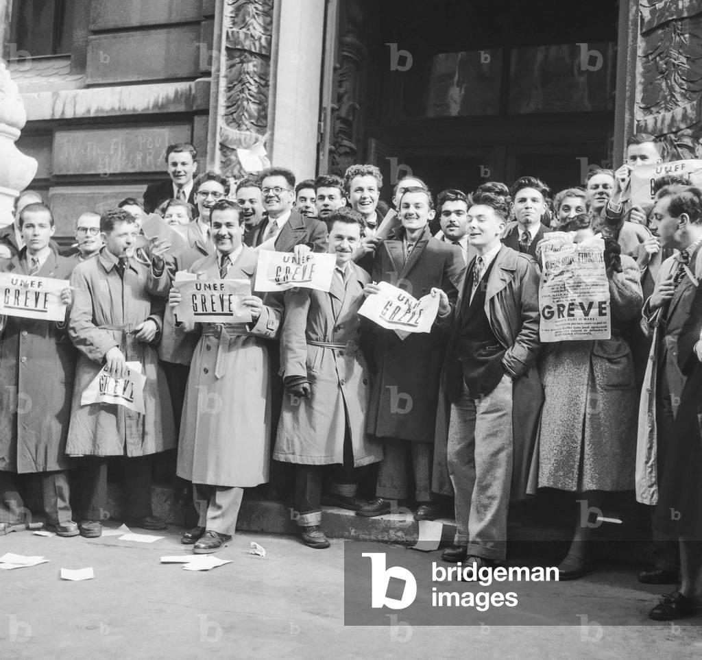 Students on strike, here outside the Sorbonne, Paris, March 15, 1951 (b/w photo)
