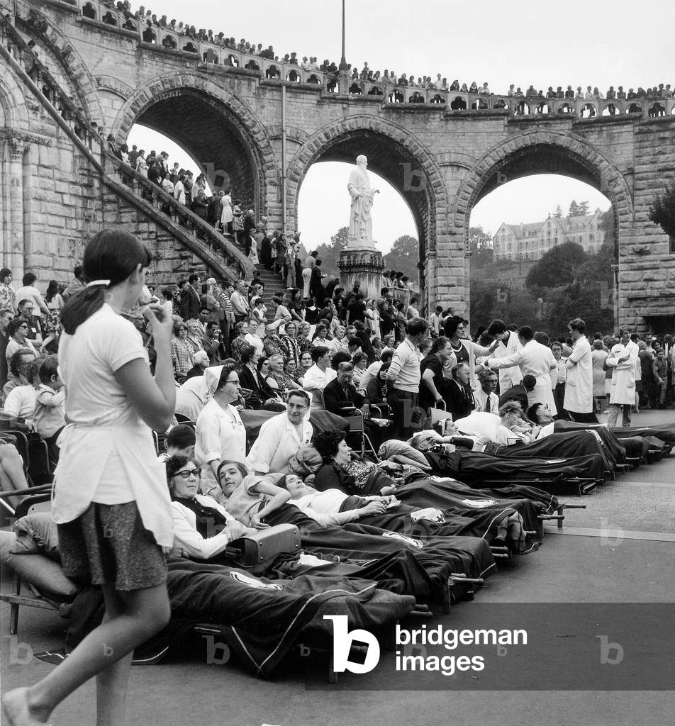 Pilgrimage in Lourdes, France, August 14, 1971 (b/w photo)