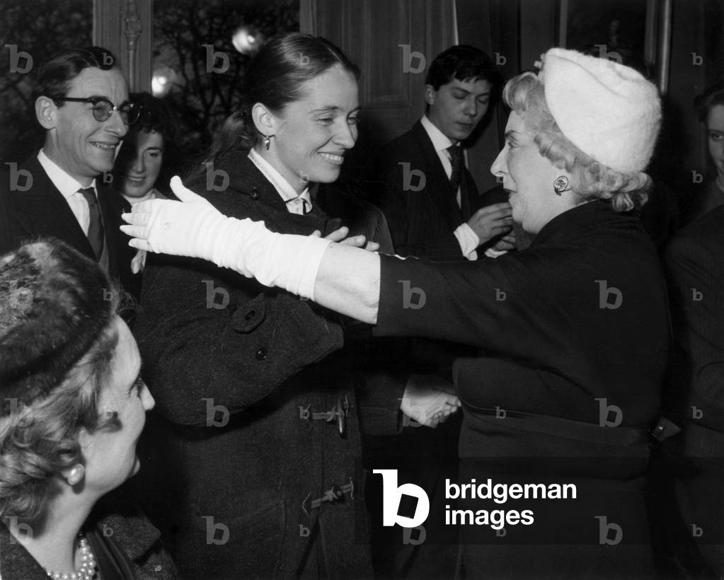 Francoise Mallet Joris , Winner of The Prize Femina For his Book Empire Celeste Congratulated By Madam Simone (R) and the Duchess of Rochefoucault, November 21, 1958 (b/w photo)