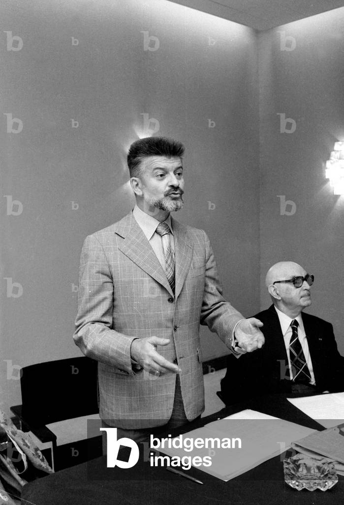 Michel Baroin (Grand Master Of The Orient Of France From 1977 To 1978) Here At A Press Conference In The Great East Of France With One Of His Deputy On September 11, 1978 (b/w photo)