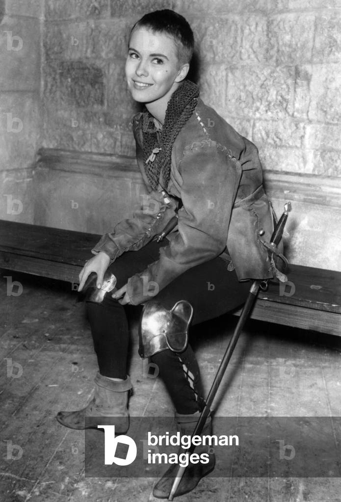 Jean Seberg January 10, 1957 on Set of Film Saint Joan - Jeanne D' Arc Joan of Arc (b/w photo)