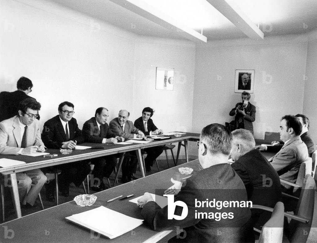 Left Wing Meeting of The Socialists and the Communists at The French Communist Party Headquarters L-R Pierre Joxe, Pierre Mauroy, Francois Mitterrand, Gerard Jaquet Et Jean-Pierre Chevenement July 7, 1971 (b/w photo)