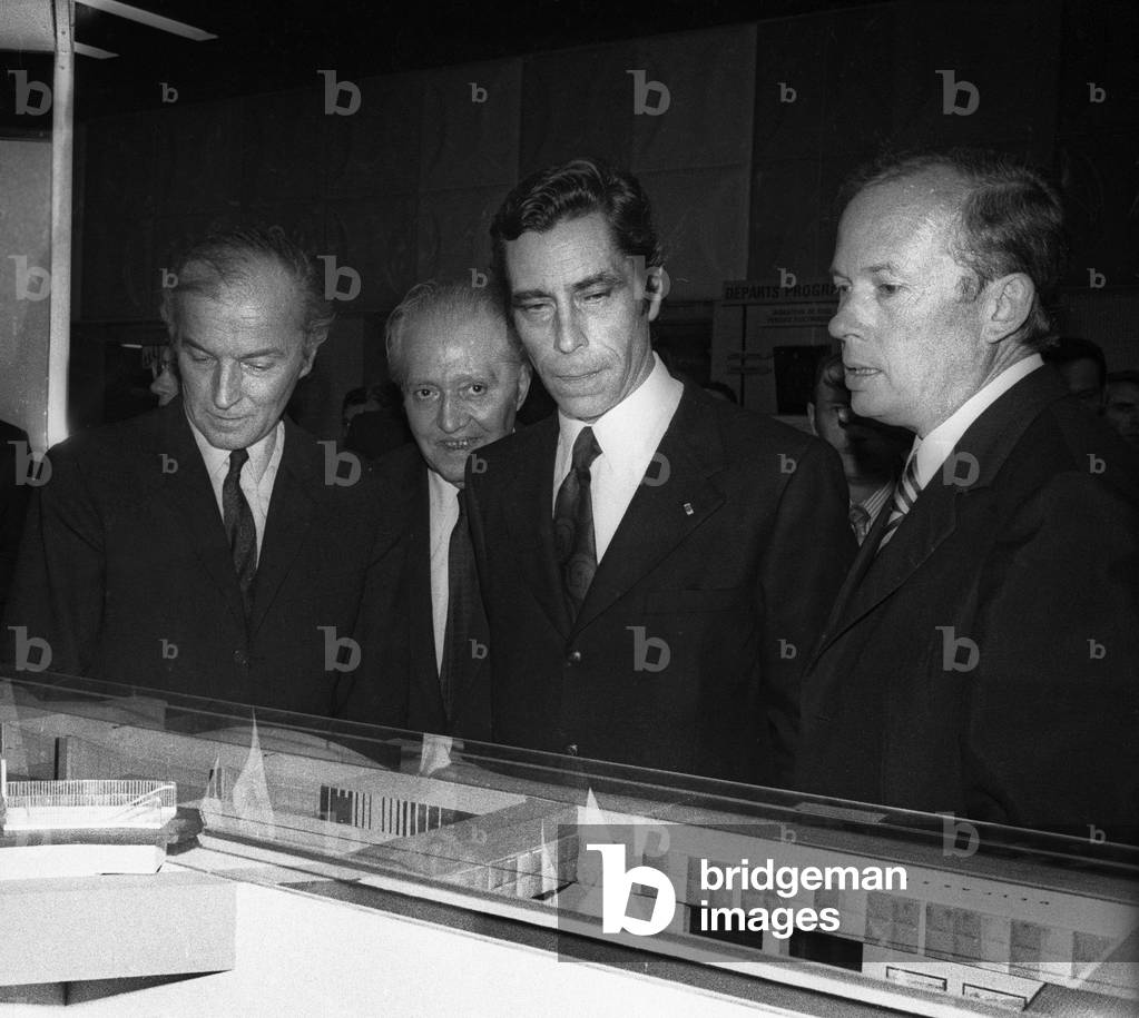 Opening of the new metro station Miromesnil, Paris, June 27, 1973 : French Transports Minister Yves Guena (c) and Pierre Billecocq (l) French secretary of state (b/w photo)