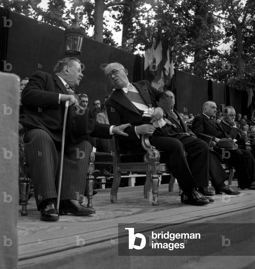 Military Parade on July 14, 1948 (Bastilleday) on The Champs Elysees in Paris : Edouard Herriot and French President Vincent Auriol in The Attendance (b/w photo)