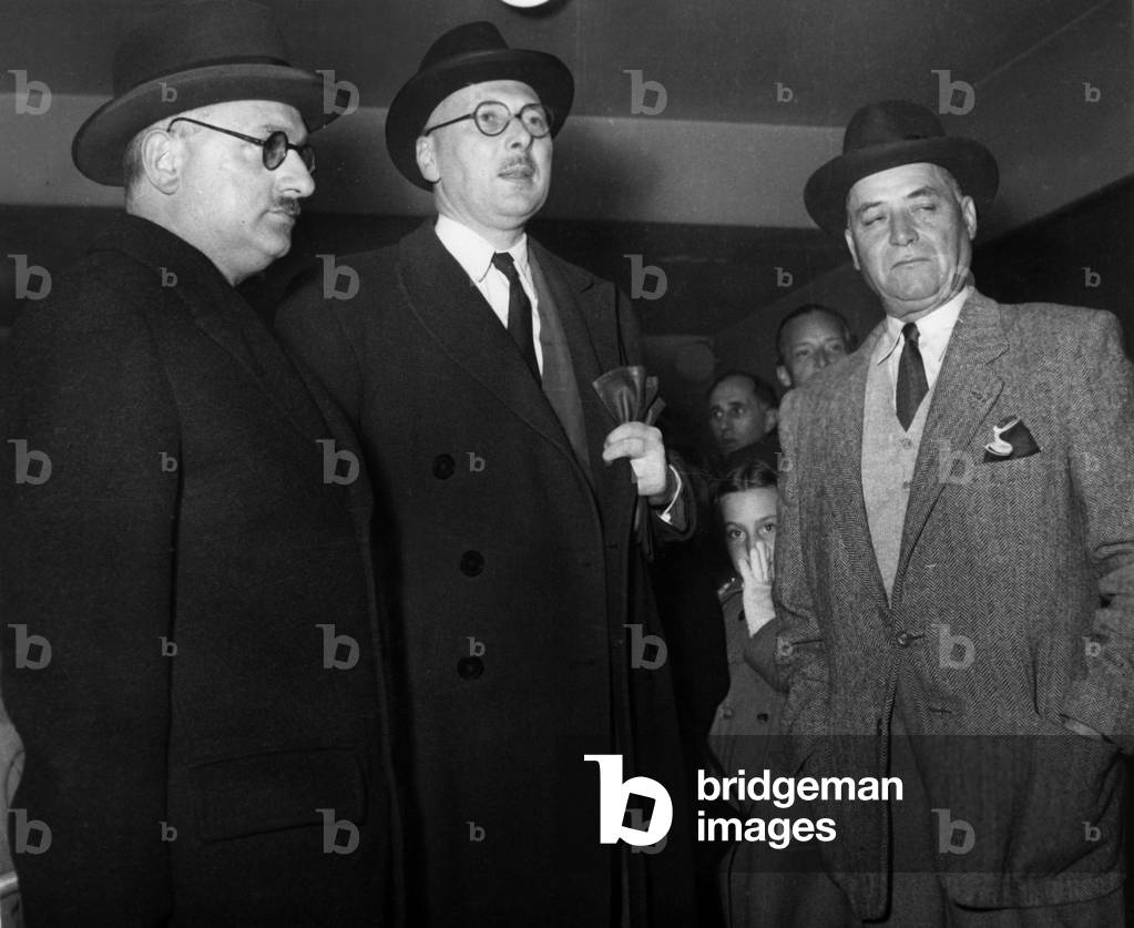 Frech Ministers Jean Letourneau (L), Rene Pleven Et Alphonse Juin (R) at The Departure For Indochina, October 15, 1950 (b/w photo)