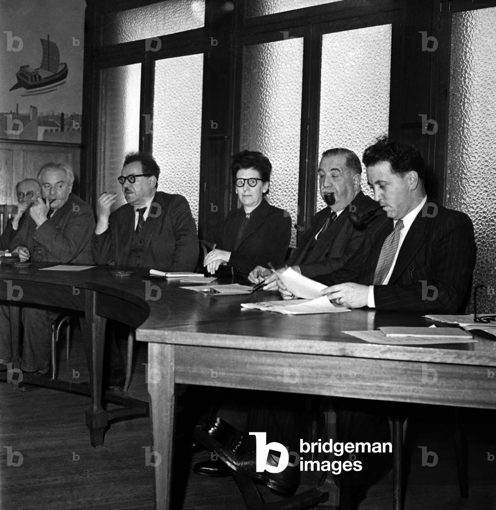 Meeting of The Cgt (French Trade Union) June 1946 : L-R : Pierre Lebrun, Gaston Monmousseau, Benoit Prachon, Alice Brisset, Leon Jouhaux and Louis Saillant (b/w photo)