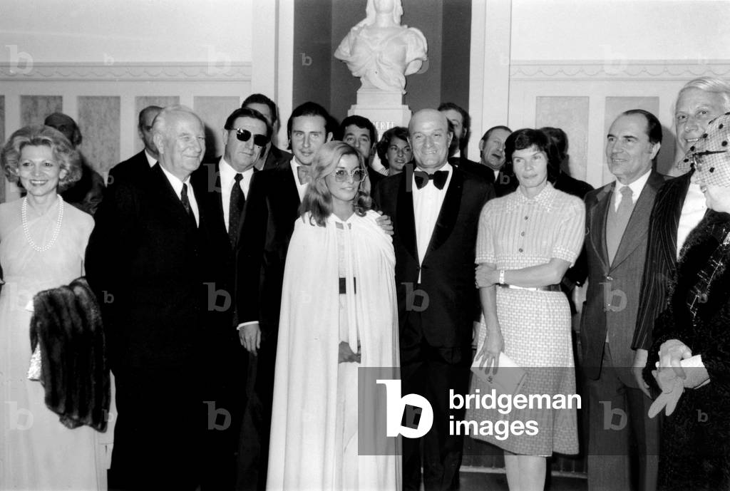 Wedding of Claude Merli and Pierre Jean Weiller in Antibes, France, October 16, 1974 : The Newlyweds With Gaston Deferre (L), Pierre Merli, Francois Mitterrand, Danielle Mitterrand (b/w photo)