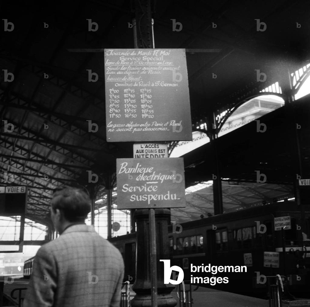 The Greve At St Lazare Station Sign Indicating Traffic Suspended May 17, 1966 (b/w photo)