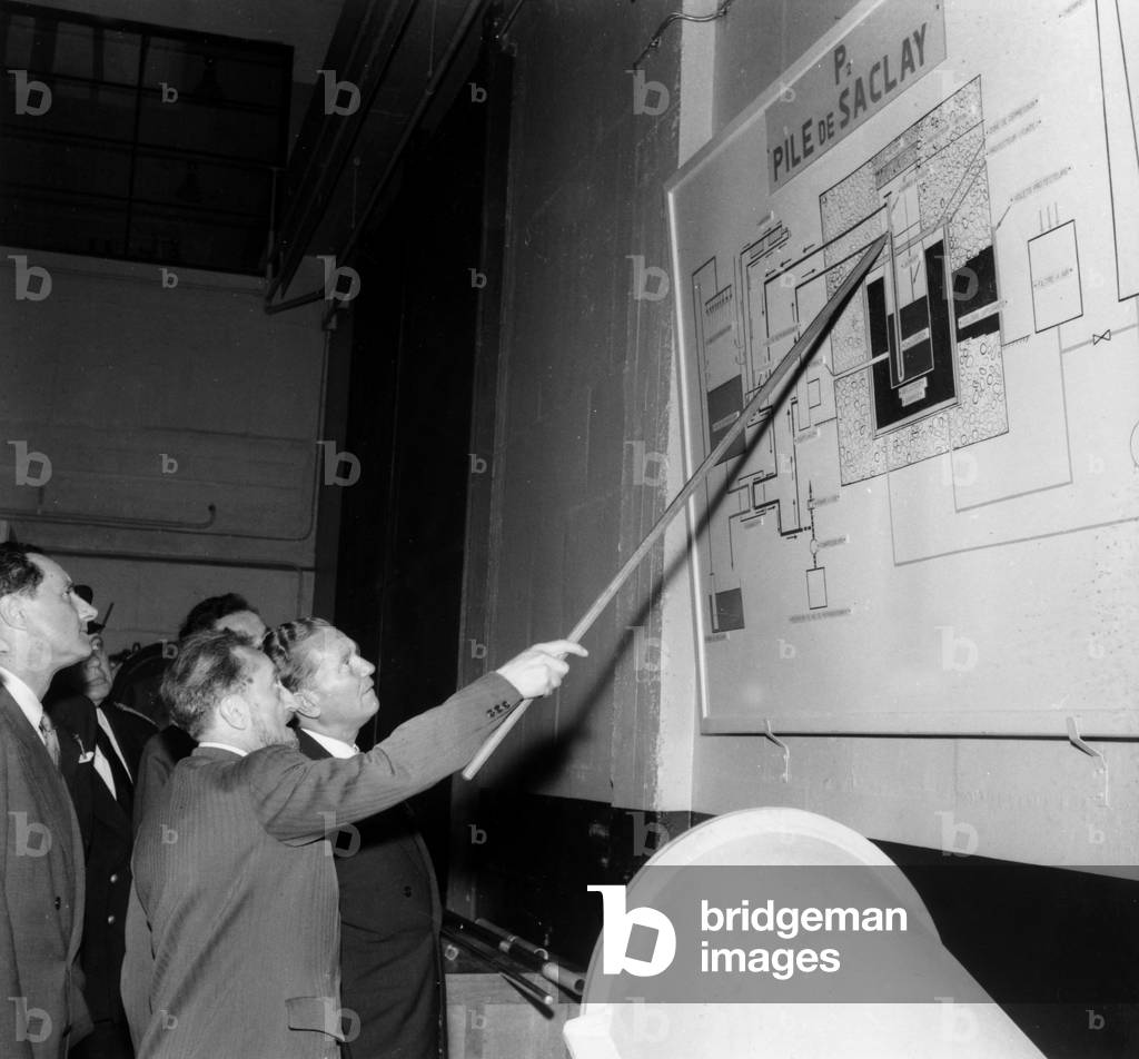 Yugoslavian President Josip Broz Tito and Francis Perrin, High-Commissioner of Cea, in Saclay, May 11, 1956 (b/w photo)