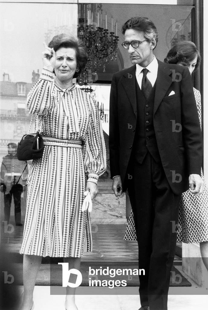 Jean Mauriac and his Wife Leaving Elysee Palace After Lunch With President July 4, 1977 (b/w photo)