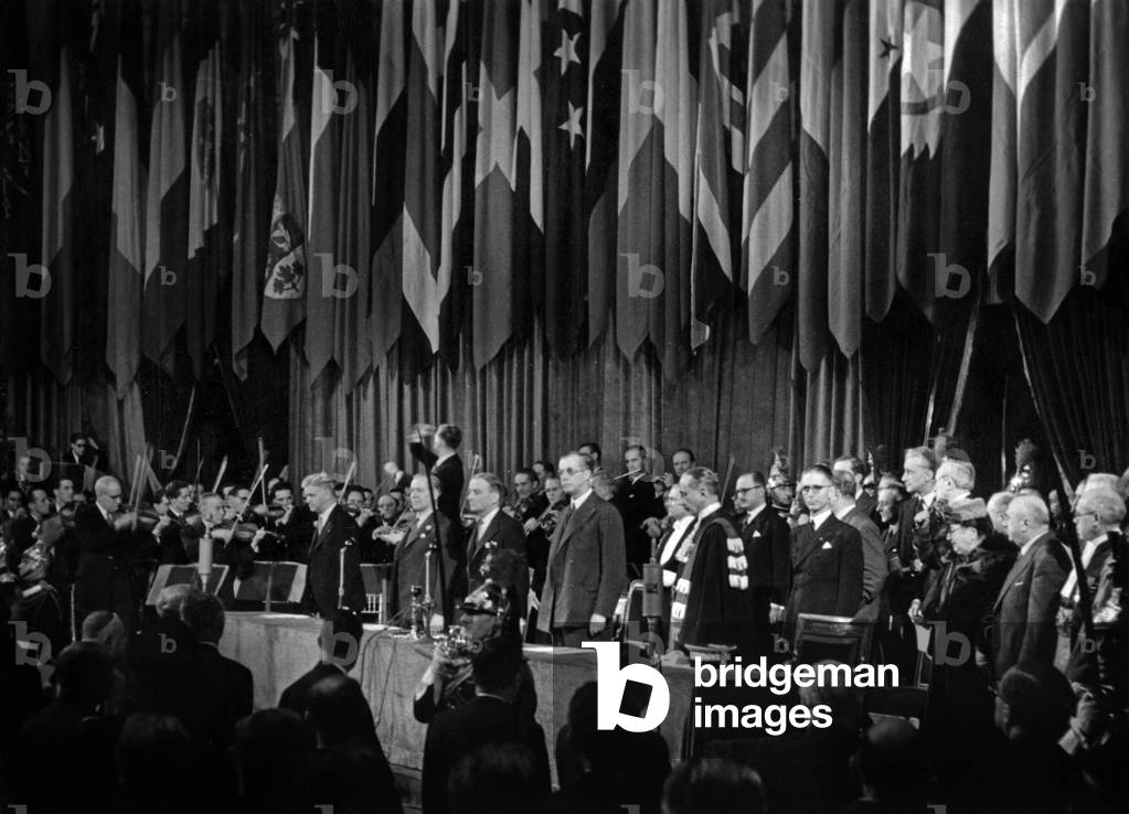 1St General Conference of The Unesco at The Sorbonne in Paris on November 19, 1946 : on L : Georges Bidault, Julian Huxley and Gustave Roussy (b/w photo)