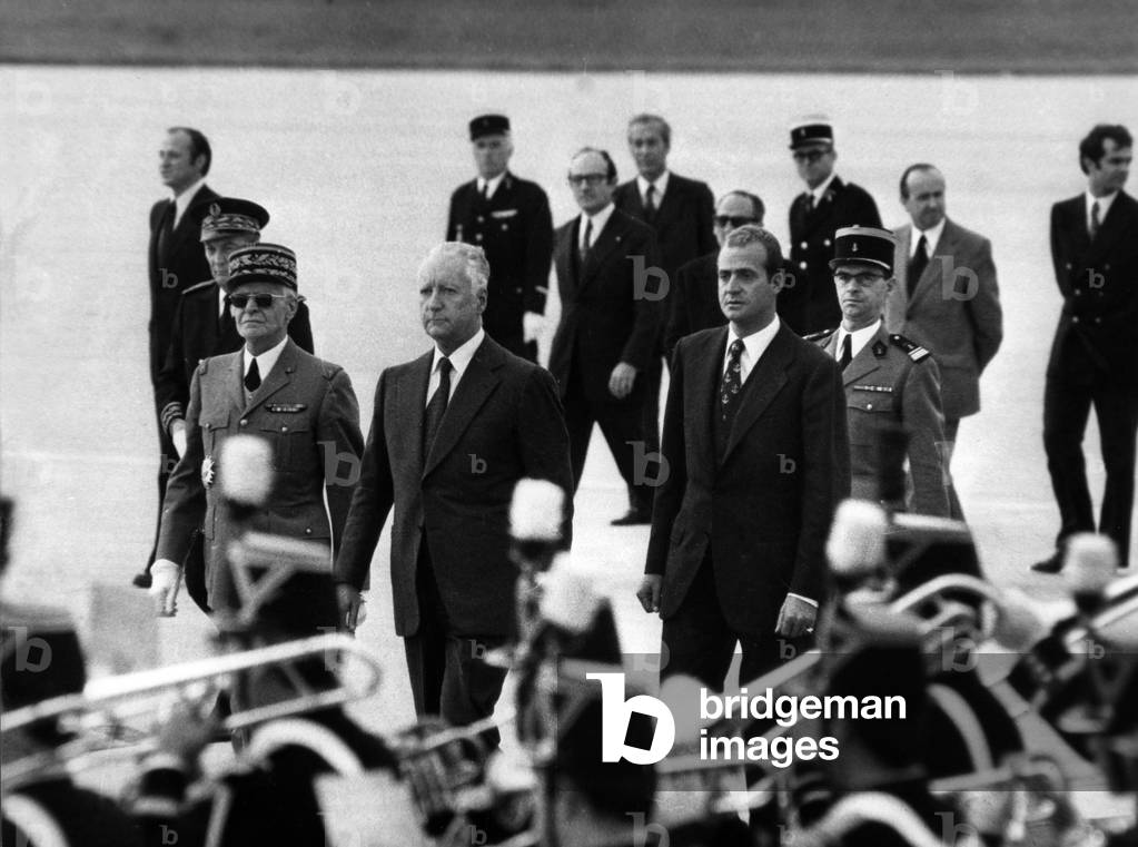 Prince Juan Carlos De Bourbon (Future King Juan Carlos 1St of Spain) and French Prime Minister Pierre Messmer during Visit of Spanish Prince in France, October 22, 1973 (b/w photo)