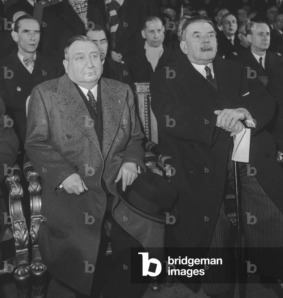 Raoul Nordling, Swedish consul (he's going to receive the War Cross) and French president Edouard Herriot, December 15, 1949 at the the Lycee Janson de Sailly, Paris (b/w photo)