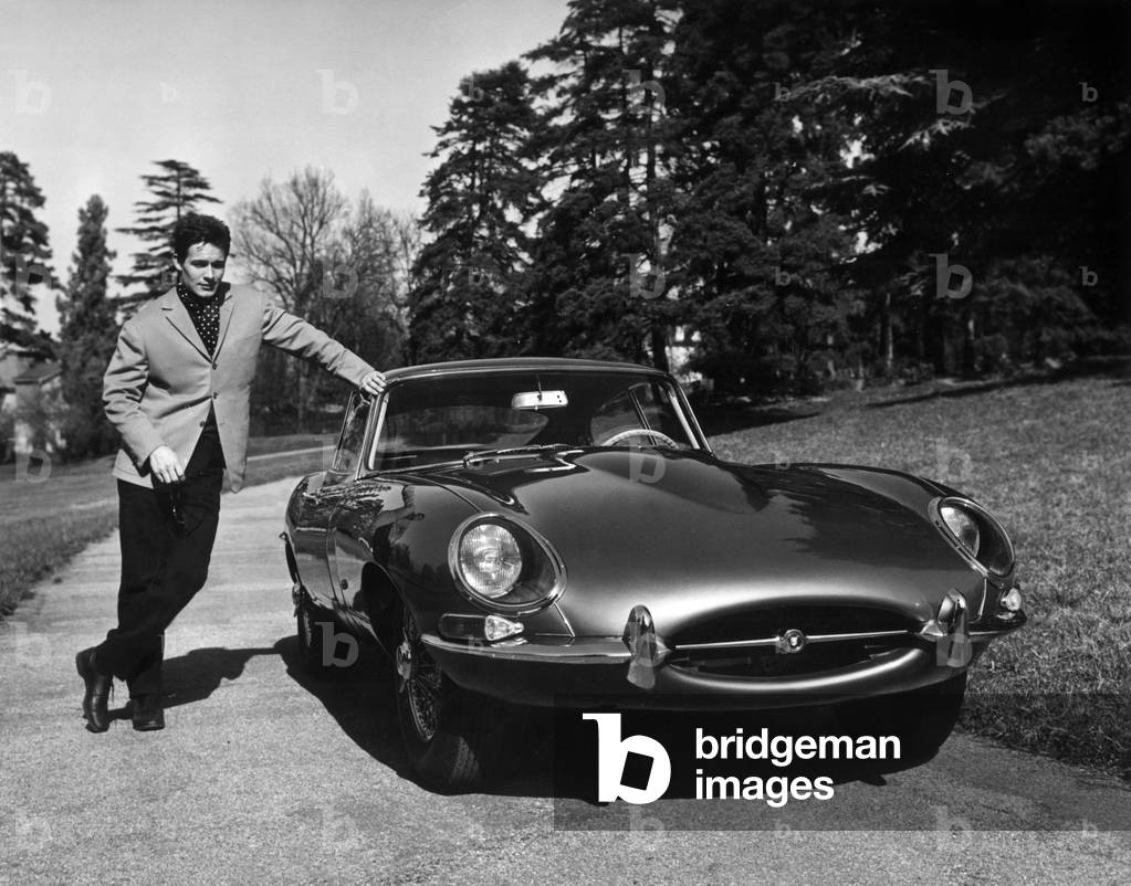 Jacques Charrier and his Jaguar Car 1961 (b/w photo)