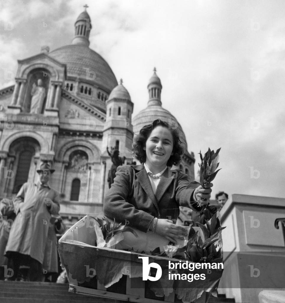 Woman Selling Lily of The Valley in Montmartre, Paris (Sacre Coeur) May 1St, 1951 (b/w photo)