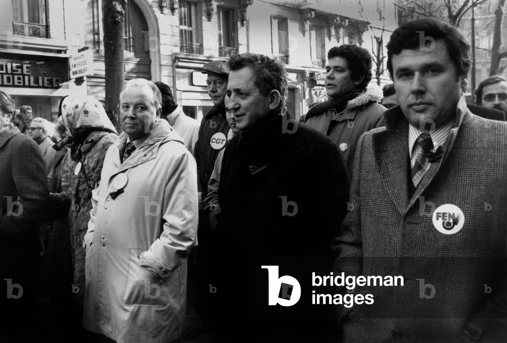 National 24 Hours Strike in Paris, Organized By Trade Unions Cgt, Fen and Cfdt and Followed By Major Demonstration, here George Seguy (Cgt), Edmond Maire (Cfdt) and Andre Henry (Fen) on December 01, 1977 (b/w photo)
