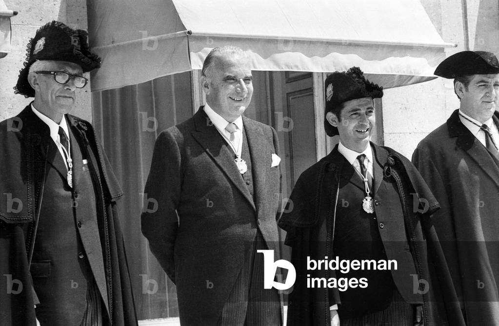 French President Georges Pompidou at Elysee in Paris on July 8, 1971 Receiving Delegates of Council of Andorre Valleys : Francesc Escude, Pompidou, Eduard Rossell and Seraphin Reig Ribo (b/w photo)