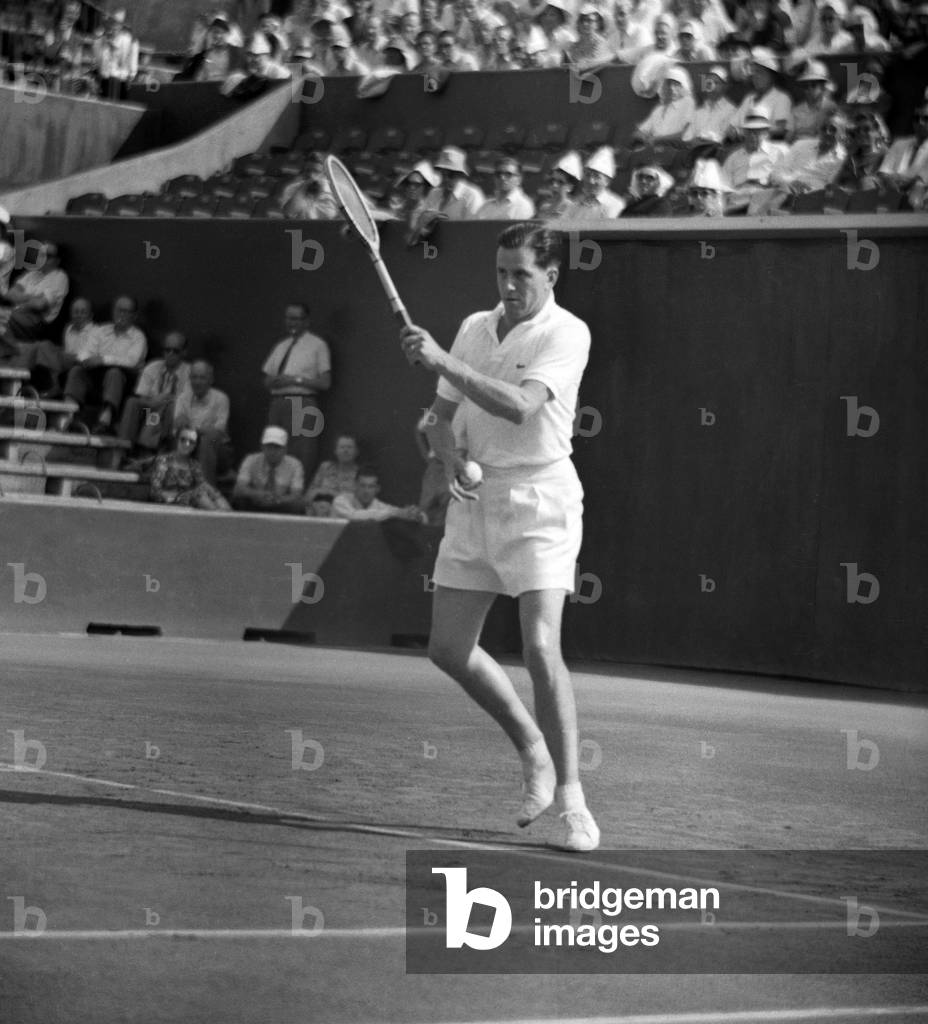 1949 Davis Cup, Final, Europe Zone, July 25, 1949 in Paris (Roland Garros) : French tennisman Marcel Bernard (b/w photo)