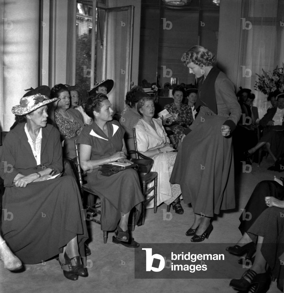 Presentation of Autumn Collection By Callot Soeurs (Haute Couture) in Paris, August 2, 1948 (b/w photo)