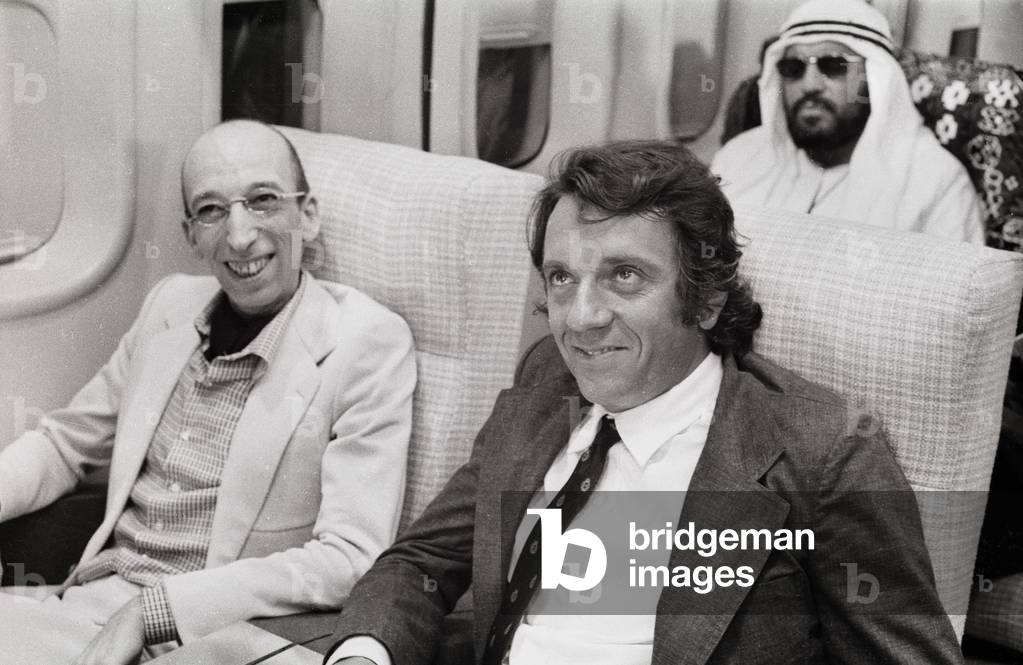 French Actors Daniel Emilfork With Jean-Pierre Cassel in A Plane on Set of Film Jumbo J July 27, 1970 (b/w photo)